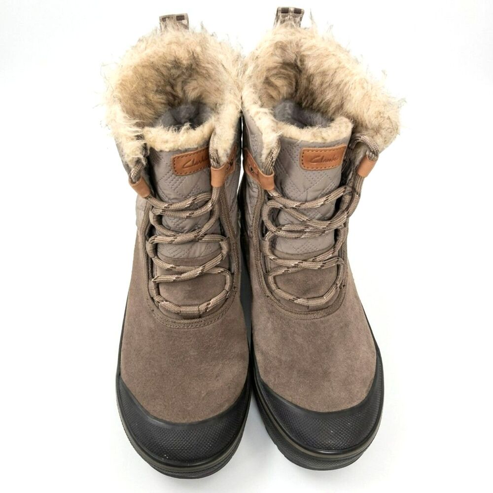 Clarks Muckers Mist Taupe Suede Fur Lined Winter Snow Ankle Boots Women's Size 8